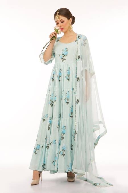 Preevin_Aqua Cotton, Net Embroidery Round Neck Floral Print Ice Blue Anarkali Set _Online_at_Aza_Fashions
