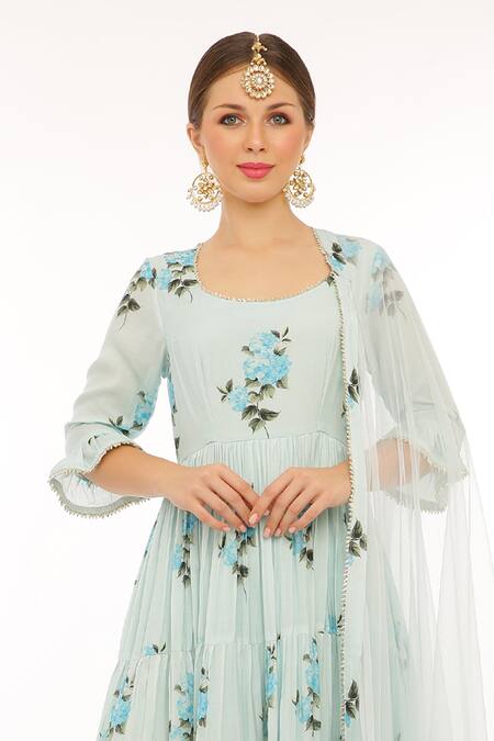 Buy Preevin Aqua Cotton, Net Embroidery Round Neck Floral Print Ice Blue Anarkali Set Online at Aza Fashions Buy_Preevin_Aqua Cotton, Net Embroidery Round Neck Floral Print Ice Blue Anarkali Set _Online_at_Aza_Fashions