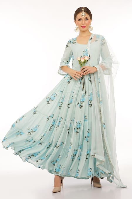 Shop_Preevin_Aqua Cotton, Net Embroidery Round Neck Floral Print Ice Blue Anarkali Set _at_Aza_Fashions