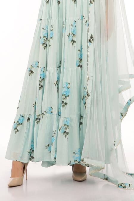 Shop Preevin Aqua Cotton, Net Embroidery Round Neck Floral Print Ice Blue Anarkali Set Online at Aza Fashions Shop_Preevin_Aqua Cotton, Net Embroidery Round Neck Floral Print Ice Blue Anarkali Set _Online_at_Aza_Fashions