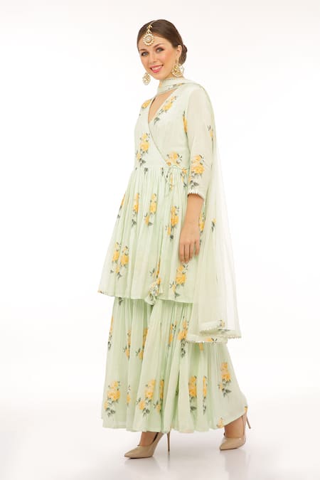 Preevin_Mint Cotton, Silk, Net Embroidery V-neck Floral Green Anarkali Set _Online_at_Aza_Fashions