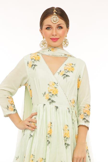 Buy Preevin Mint Cotton, Silk, Net Embroidery V-neck Floral Green Anarkali Set Online at Aza Fashions Buy_Preevin_Mint Cotton, Silk, Net Embroidery V-neck Floral Green Anarkali Set _Online_at_Aza_Fashions