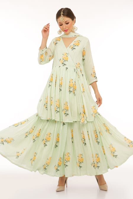 Shop_Preevin_Mint Cotton, Silk, Net Embroidery V-neck Floral Green Anarkali Set _at_Aza_Fashions