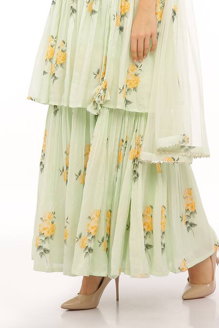 Shop Preevin Mint Cotton, Silk, Net Embroidery V-neck Floral Green Anarkali Set Online at Aza Fashions Shop_Preevin_Mint Cotton, Silk, Net Embroidery V-neck Floral Green Anarkali Set _Online_at_Aza_Fashions