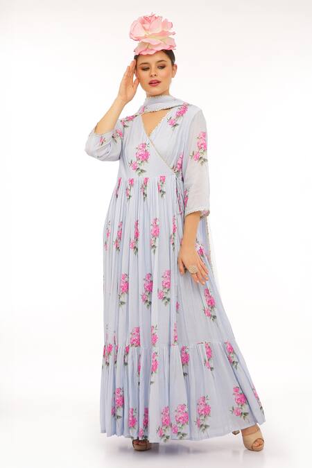 Preevin_Blue Cotton, Net Embroidery V-neck Floral Print Anarkali Set _Online_at_Aza_Fashions