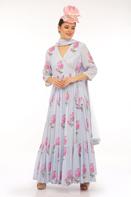 Shop_Preevin_Blue Cotton, Net Embroidery V-neck Floral Print Anarkali Set _at_Aza_Fashions