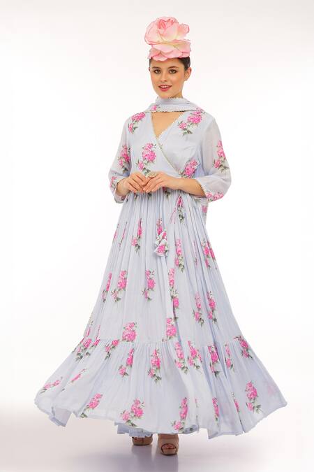 Buy_Preevin_Blue Cotton, Net Embroidery V-neck Floral Print Anarkali Set _Online_at_Aza_Fashions