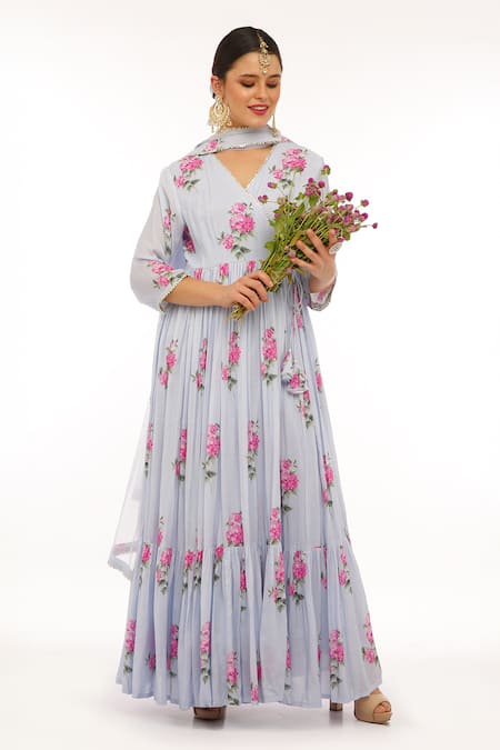 Shop_Preevin_Blue Cotton, Net Embroidery V-neck Floral Print Anarkali Set _Online_at_Aza_Fashions