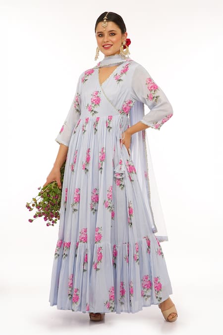 Preevin_Blue Cotton, Net Embroidery V-neck Floral Print Anarkali Set _at_Aza_Fashions