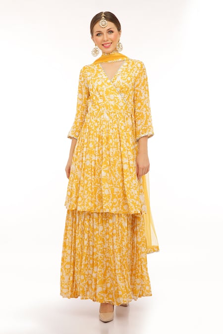 Preevin_Yellow Cotton, Net Split V-neck Floral Print Anarkali Set With Dupatta _Online_at_Aza_Fashions
