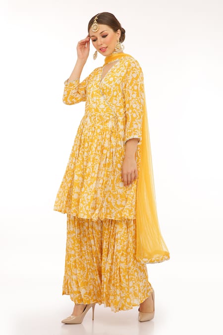Buy_Preevin_Yellow Cotton, Net Split V-neck Floral Print Anarkali Set With Dupatta _Online_at_Aza_Fashions