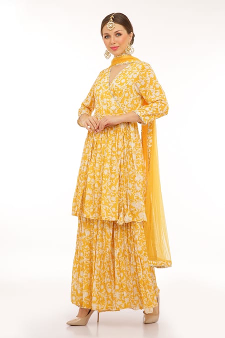 Shop_Preevin_Yellow Cotton, Net Split V-neck Floral Print Anarkali Set With Dupatta _Online_at_Aza_Fashions