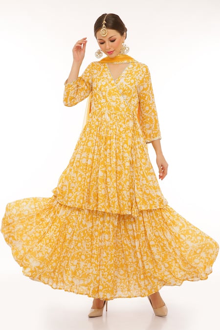 Shop_Preevin_Yellow Cotton, Net Split V-neck Floral Print Anarkali Set With Dupatta _at_Aza_Fashions