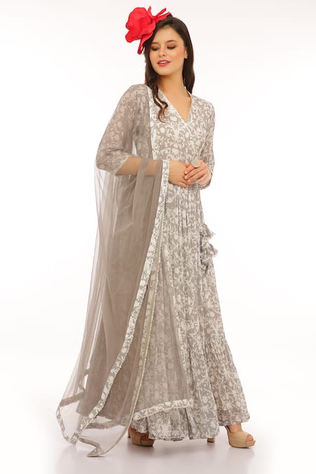 Shop_Preevin_Gray Cotton, Silk, Net Embroidery V-neck Floral Print Anarkali Set With Dupatta _at_Aza_Fashions