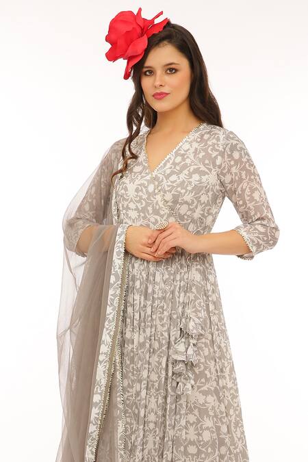 Preevin Gray Cotton, Silk, Net Embroidery V-neck Floral Print Anarkali Set With Dupatta Online at Aza Fashions Preevin_Gray Cotton, Silk, Net Embroidery V-neck Floral Print Anarkali Set With Dupatta _Online_at_Aza_Fashions