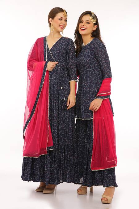 Preevin_Blue Cotton, Tulle V-neck Indigo Printed Anarkali Set With Dupatta _Online_at_Aza_Fashions