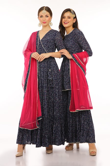 Buy_Preevin_Blue Cotton, Tulle V-neck Indigo Printed Anarkali Set With Dupatta _Online_at_Aza_Fashions