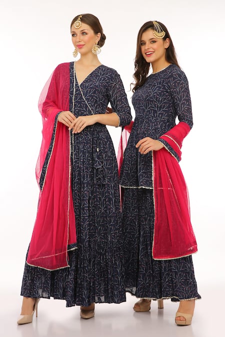 Shop_Preevin_Blue Cotton, Tulle V-neck Indigo Printed Anarkali Set With Dupatta _Online_at_Aza_Fashions