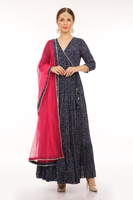 Shop_Preevin_Blue Cotton, Tulle V-neck Indigo Printed Anarkali Set With Dupatta _at_Aza_Fashions