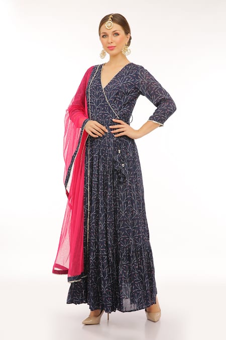 Preevin_Blue Cotton, Tulle V-neck Indigo Printed Anarkali Set With Dupatta _at_Aza_Fashions