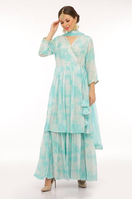 Preevin_Blue Cotton, Silk, Net, Tulle V-neck Ice Anarkali Set With Dupatta _Online_at_Aza_Fashions