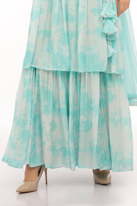 Shop Preevin Blue Cotton, Silk, Net, Tulle V-neck Ice Anarkali Set With Dupatta Online at Aza Fashions Shop_Preevin_Blue Cotton, Silk, Net, Tulle V-neck Ice Anarkali Set With Dupatta _Online_at_Aza_Fashions