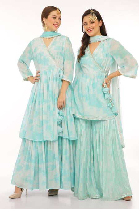 Preevin_Blue Cotton, Silk, Net, Tulle V-neck Ice Anarkali Set With Dupatta _at_Aza_Fashions