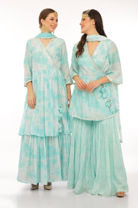 Buy_Preevin_Blue Cotton, Silk, Net, Tulle V-neck Ice Anarkali Set With Dupatta 