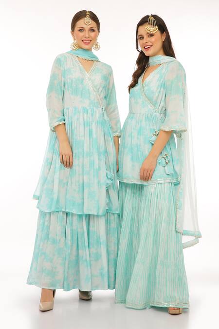 Shop_Preevin_Blue Cotton, Silk, Net, Tulle V-neck Ice Anarkali Set With Dupatta 