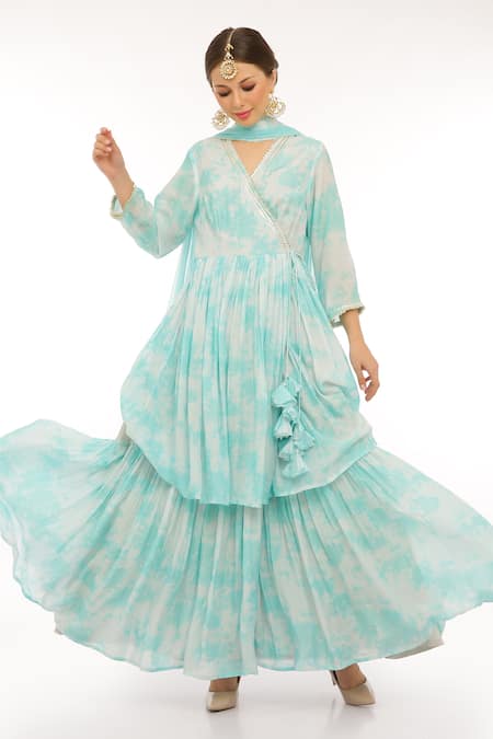Shop_Preevin_Blue Cotton, Silk, Net, Tulle V-neck Ice Anarkali Set With Dupatta _at_Aza_Fashions