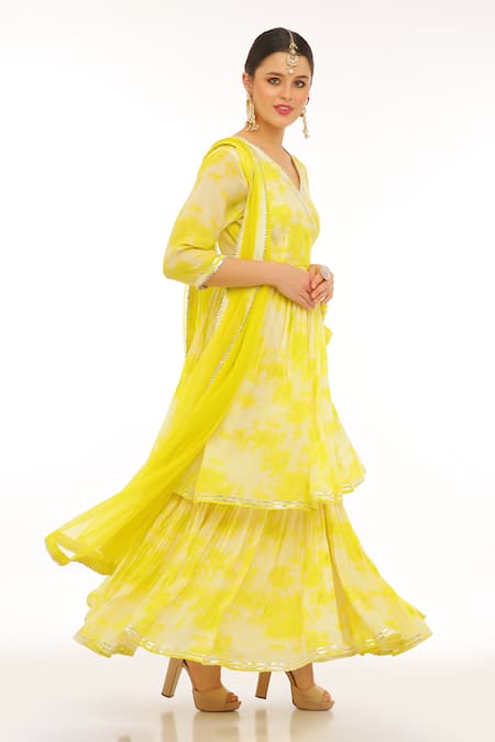 Preevin_Green Cotton, Silk, Net, Tulle V-neck Neon Anarkali Set With Dupatta _Online_at_Aza_Fashions