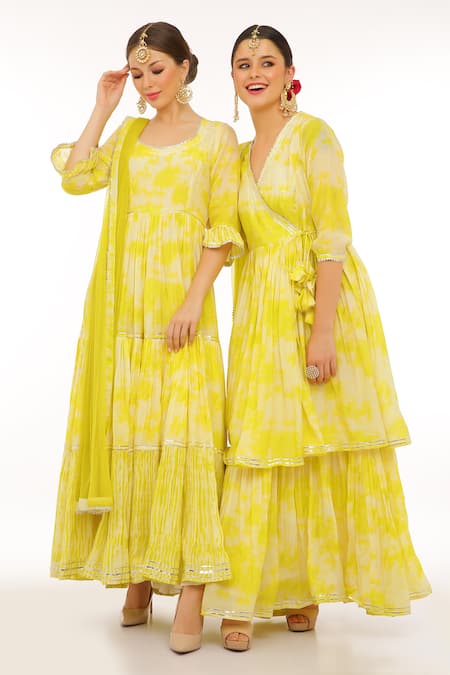 Preevin_Green Cotton, Silk, Net, Tulle V-neck Neon Anarkali Set With Dupatta _at_Aza_Fashions