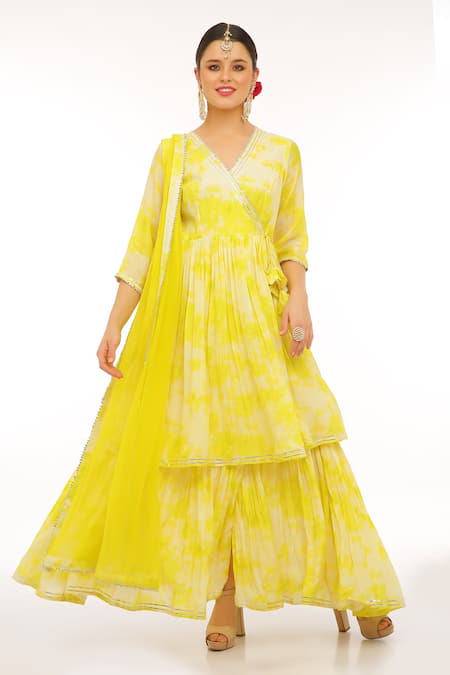 Shop_Preevin_Green Cotton, Silk, Net, Tulle V-neck Neon Anarkali Set With Dupatta _at_Aza_Fashions