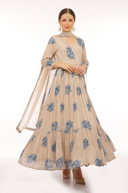 Preevin_Beige Cotton, Silk, Net Embroidery V-neck Floral Print Anarkali Kurta Set _Online_at_Aza_Fashions