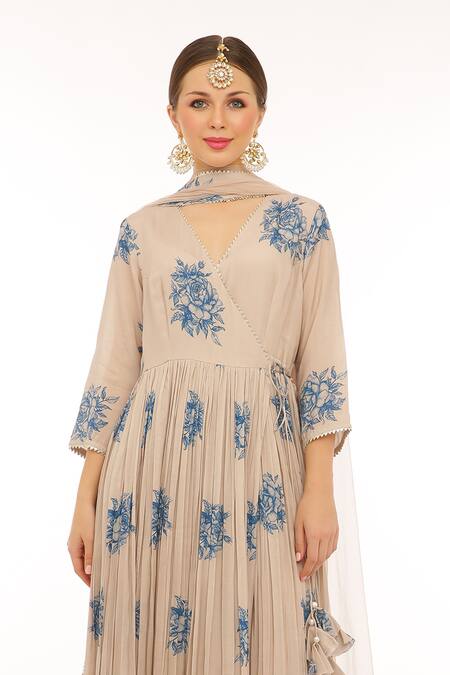 Buy Preevin Beige Cotton, Silk, Net Embroidery V-neck Floral Print Anarkali Kurta Set Online at Aza Fashions Buy_Preevin_Beige Cotton, Silk, Net Embroidery V-neck Floral Print Anarkali Kurta Set _Online_at_Aza_Fashions
