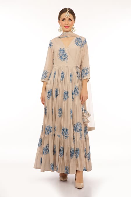 Shop_Preevin_Beige Cotton, Silk, Net Embroidery V-neck Floral Print Anarkali Kurta Set _at_Aza_Fashions