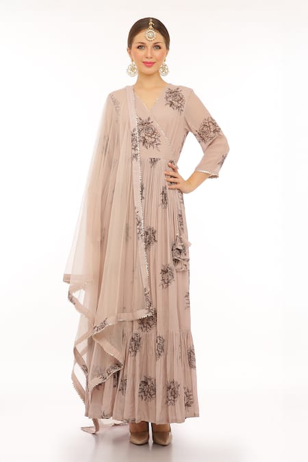 Preevin_Beige Cotton, Silk, Tulle, Net Embroidery V-neck Floral Anarkali Set_Online_at_Aza_Fashions