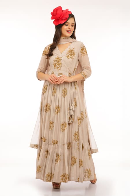 Preevin_Beige Cotton, Silk, Net Embroidery V-neck Floral Print Anarkali Set _Online_at_Aza_Fashions