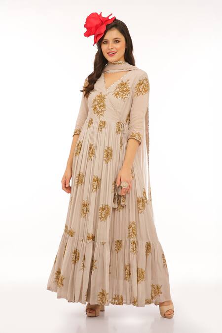 Buy_Preevin_Beige Cotton, Silk, Net Embroidery V-neck Floral Print Anarkali Set _Online_at_Aza_Fashions