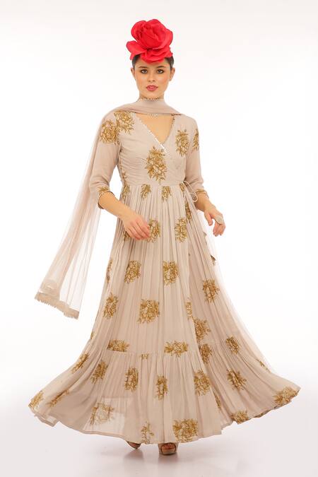 Shop_Preevin_Beige Cotton, Silk, Net Embroidery V-neck Floral Print Anarkali Set _Online_at_Aza_Fashions
