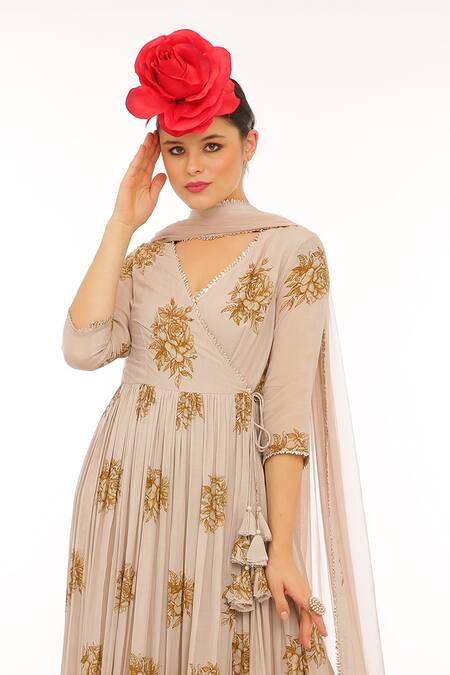 Preevin Beige Cotton, Silk, Net Embroidery V-neck Floral Print Anarkali Set at Aza Fashions Preevin_Beige Cotton, Silk, Net Embroidery V-neck Floral Print Anarkali Set _at_Aza_Fashions