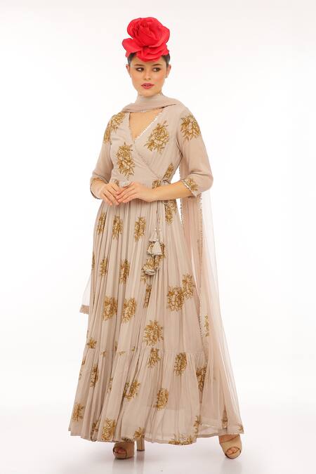 Buy_Preevin_Beige Cotton, Silk, Net Embroidery V-neck Floral Print Anarkali Set 