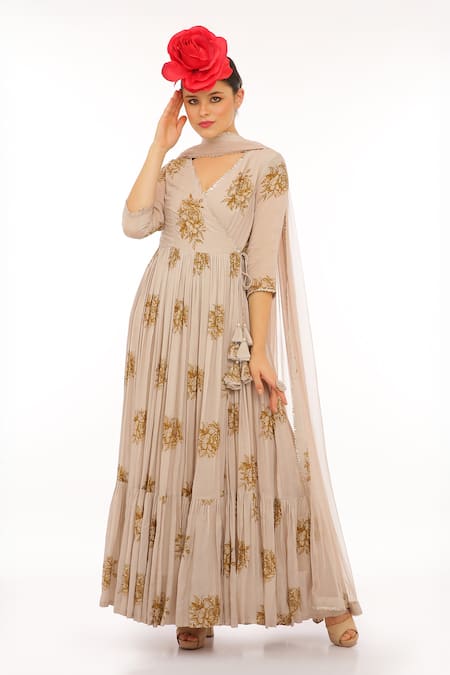 Shop_Preevin_Beige Cotton, Silk, Net Embroidery V-neck Floral Print Anarkali Set _at_Aza_Fashions