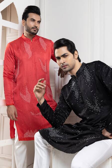 Smriti By Anju Agarwal_Red Linen, Satin, Cotton Sequins Embroidered Kurta Set _Online_at_Aza_Fashions