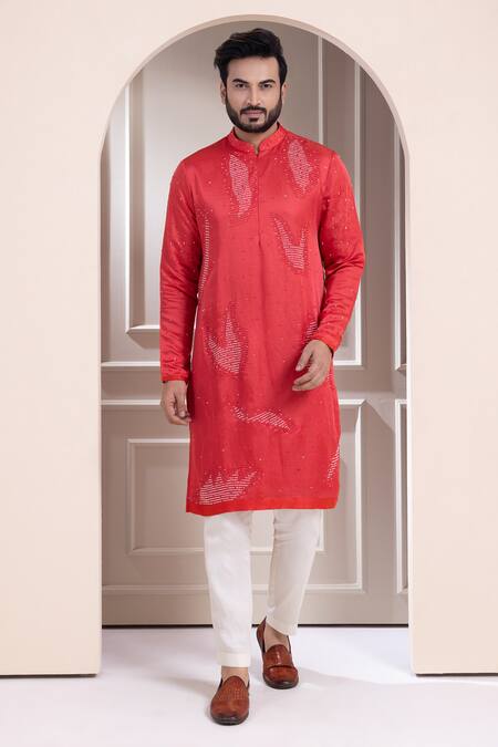 Buy_Smriti By Anju Agarwal_Red Linen, Satin, Cotton Sequins Embroidered Kurta Set _Online_at_Aza_Fashions