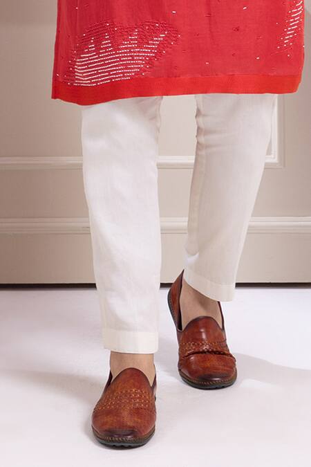 Smriti By Anju Agarwal_Red Linen, Satin, Cotton Sequins Embroidered Kurta Set _at_Aza_Fashions