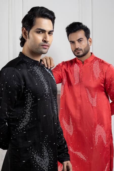 Buy_Smriti By Anju Agarwal_Red Linen, Satin, Cotton Sequins Embroidered Kurta Set 