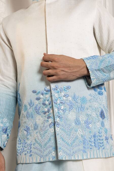 Buy_Smriti By Anju Agarwal_White Linen, Satin, Cotton Embroidery Nehru Jacket Set 