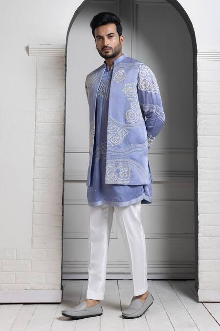 Smriti By Anju Agarwal Blue Linen, Satin Embroidery Nehru Jacket Online at Aza Fashions Smriti By Anju Agarwal_Blue Linen, Satin Embroidery Nehru Jacket _Online_at_Aza_Fashions