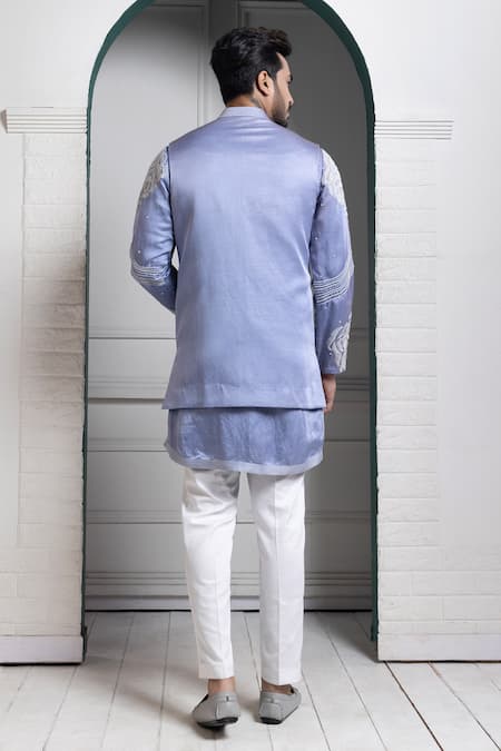 Shop Smriti By Anju Agarwal Blue Linen, Satin Embroidery Nehru Jacket at Aza Fashions Shop_Smriti By Anju Agarwal_Blue Linen, Satin Embroidery Nehru Jacket _at_Aza_Fashions